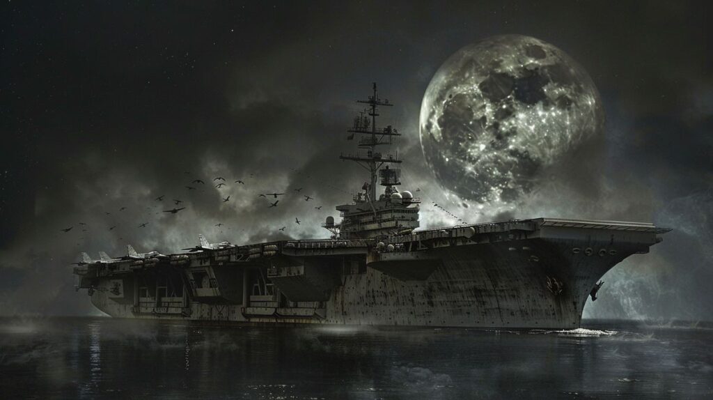 USS Hornet Geister auf historischem Kriegsschiff bei Nacht, mysteriöse Atmosphäre mit Nebel