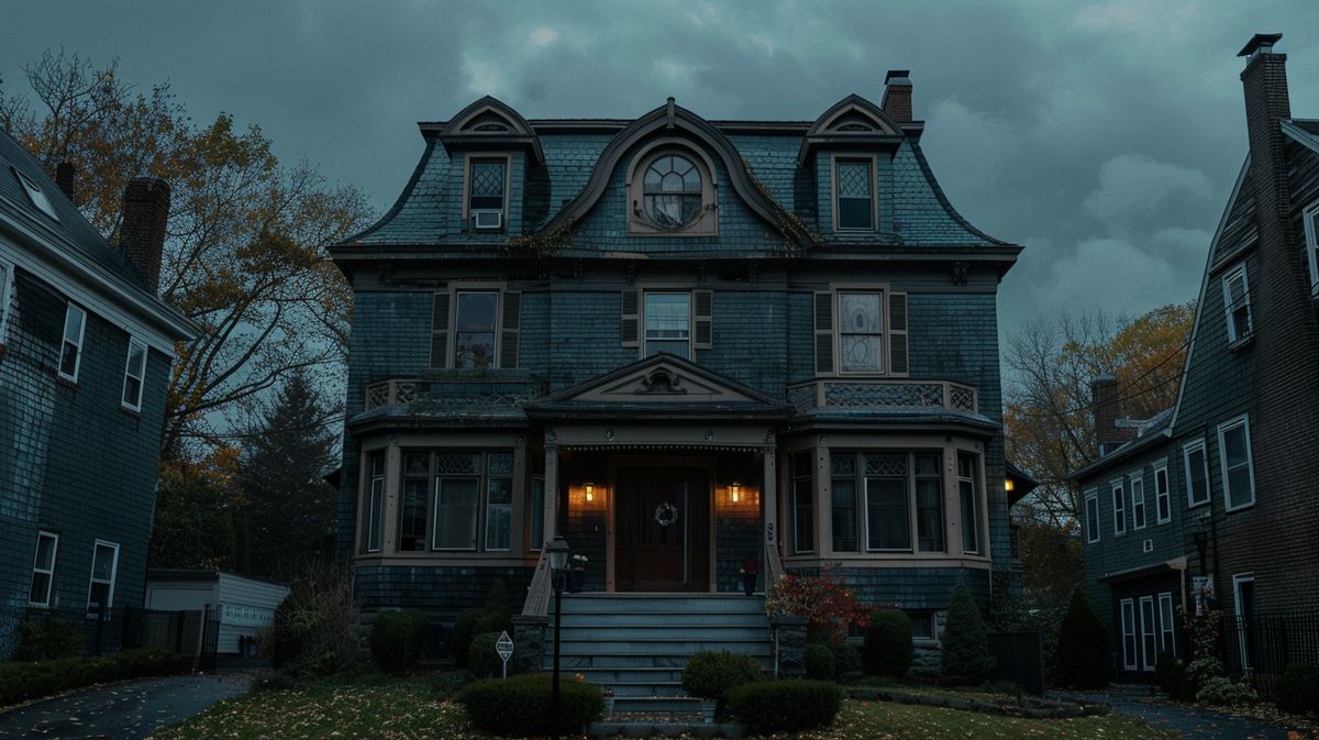 Gruseliges Amityville Haus bei Nacht mit eingeschalteten Fensterlichtern