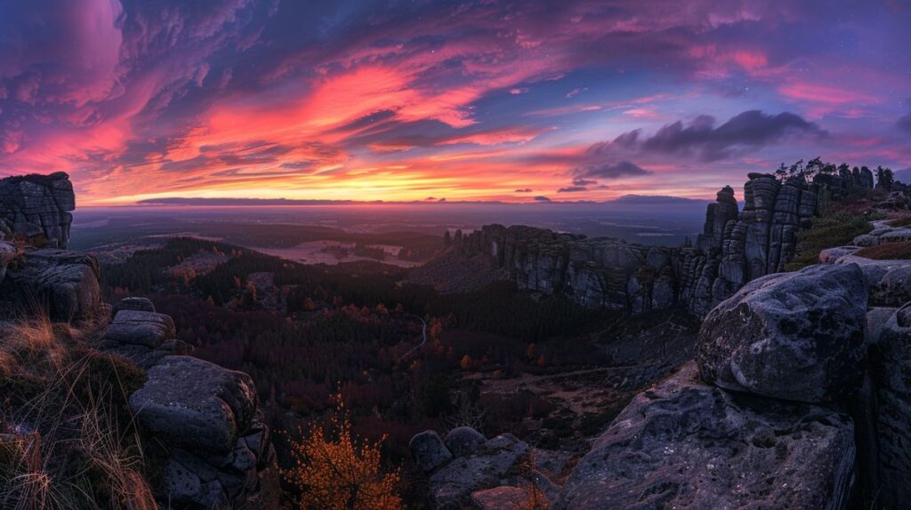 Wanderer genießen die Aussicht an der Teufelsmauer im Harz, einer beeindruckenden Felsformation unter blauem Himmel