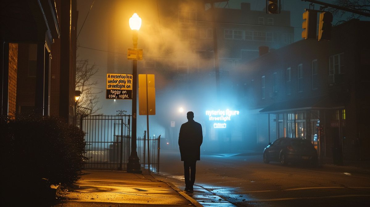 Indrid Cold steht mysteriös in einer düsteren Landschaft, umgeben von Nebel und schwachem Licht