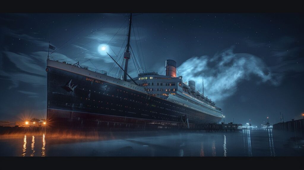 Queen Mary Spuk auf einem historischen Schiff bei Nacht, geisterhafte Atmosphäre und mystische Beleuchtung