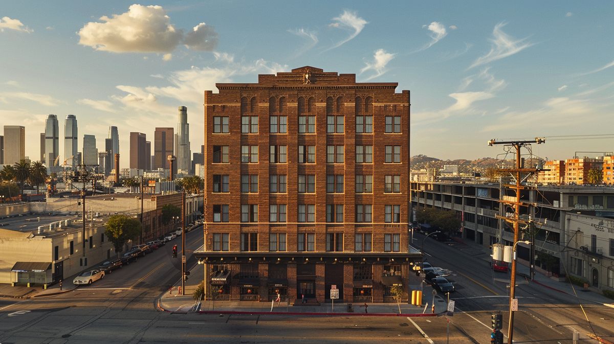 Blick auf das Cecil Hotel Los Angeles bei Nacht mit beleuchteten Fenstern