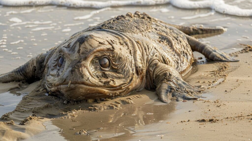 Bild eines mysteriösen Kreaturs, bekannt als das Montauk Monster, an einem sandigen Strand gefunden