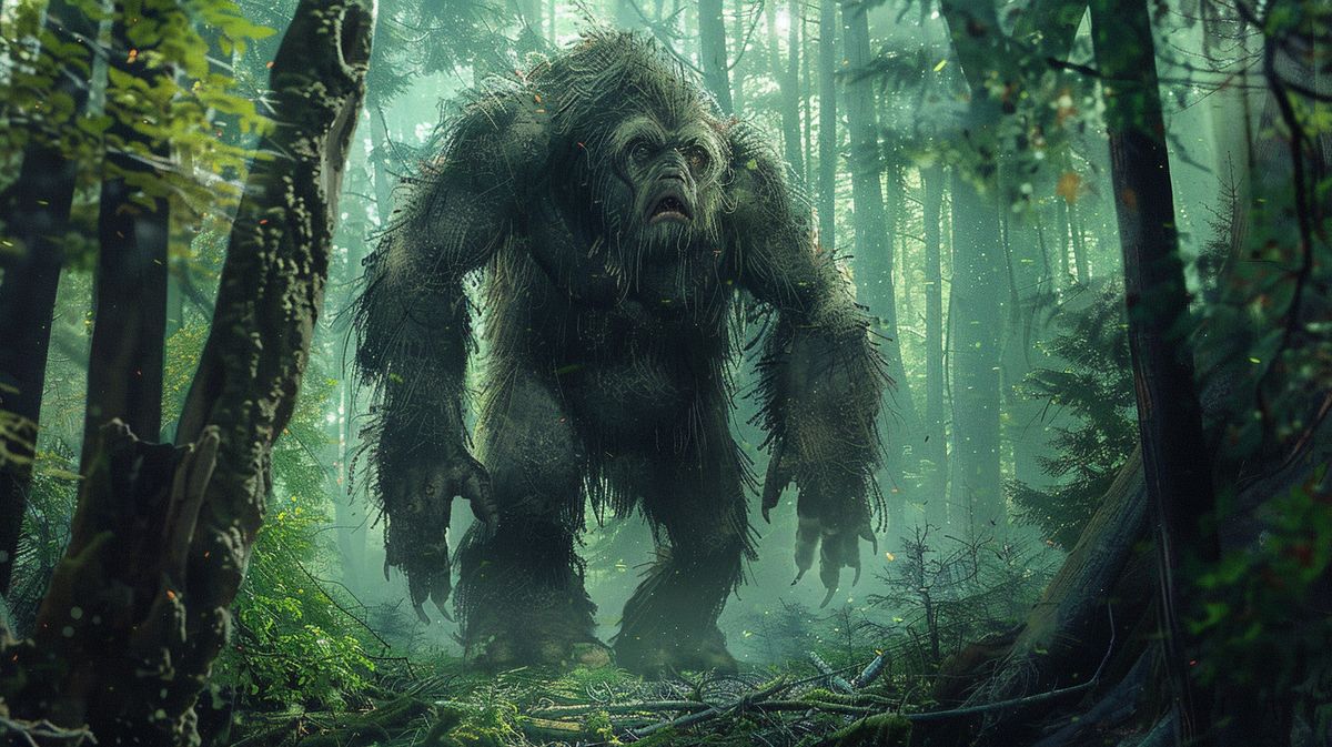 Bigfoot in einem dunklen Wald gesichtet, mysteriöse Kreatur versteckt sich zwischen den Bäumen