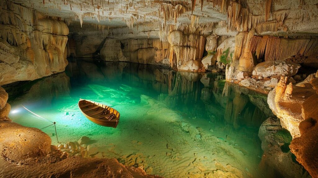 Besucher auf einer Bootstour in der Seegrotte Hinterbrühl, einer unterirdischen Wasserhöhle in Österreich