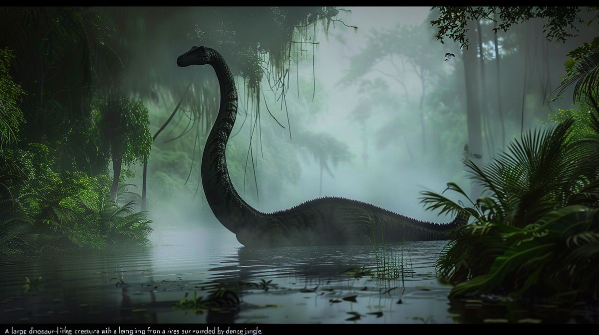 Illustration des Mokele Mbembe in seinem natürlichen Lebensraum im Kongo-Becken, umgeben von dichtem Dschungel