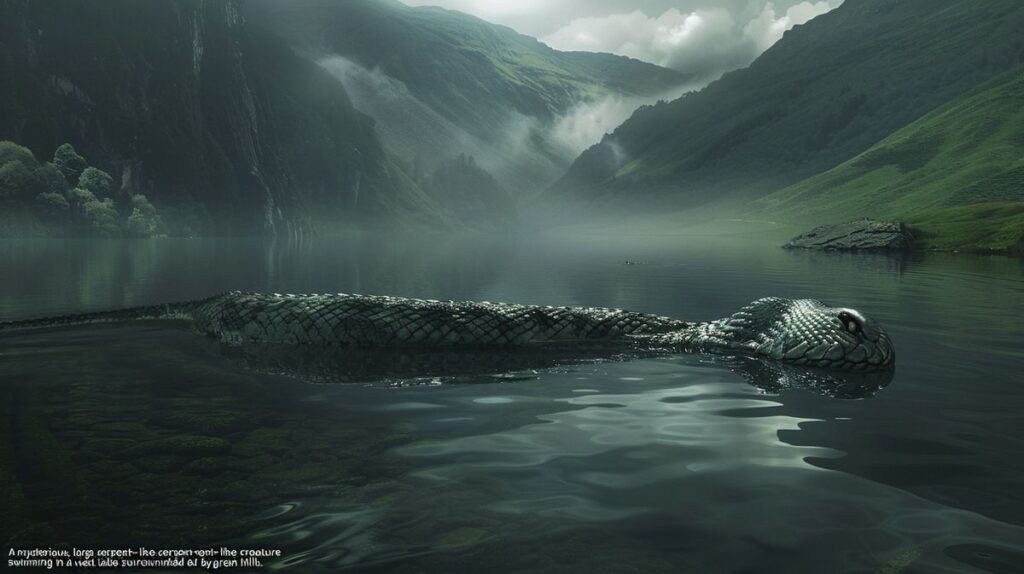 Sichtung des Loch Ness Monsters im schottischen Hochland, umgeben von nebliger Landschaft