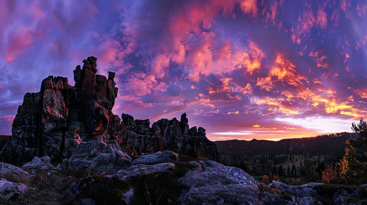 Wanderer genießen die Aussicht an der Teufelsmauer im Harz, eine beeindruckende natürliche Felsformation unter blauem Himmel