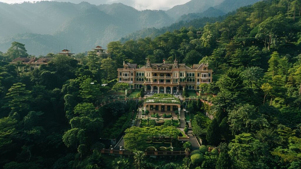 Blick auf das historische Grandhotel Waldlust umgeben von malerischer Waldlandschaft