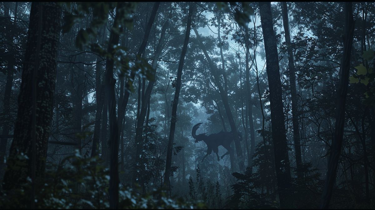 Illustration des Jersey Devil in der Nacht, basierend auf der Jersey Devil Legende, umgeben von düsterem Wald