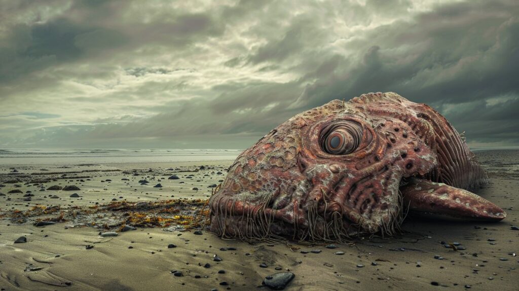 Ein mysteriöses Globster Monster an einem sandigen Strand, umgeben von neugierigen Zuschauern