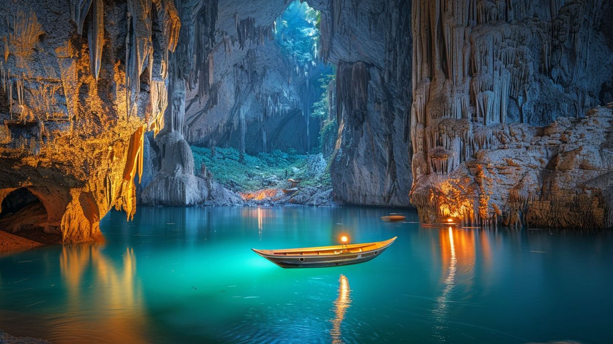 Besucher auf einer Bootstour in der Seegrotte Hinterbrühl, einer unterirdischen Wasserhöhle in Österreich