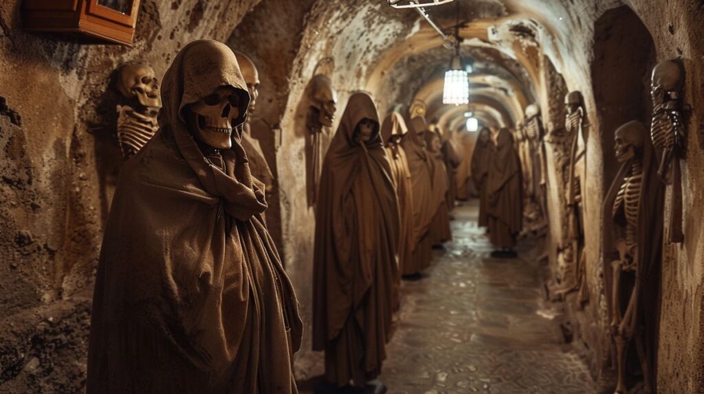 Blick auf die historischen Mumien in der Kapuzinergruft Palermo, atmosphärisch beleuchtet und gut erhalten