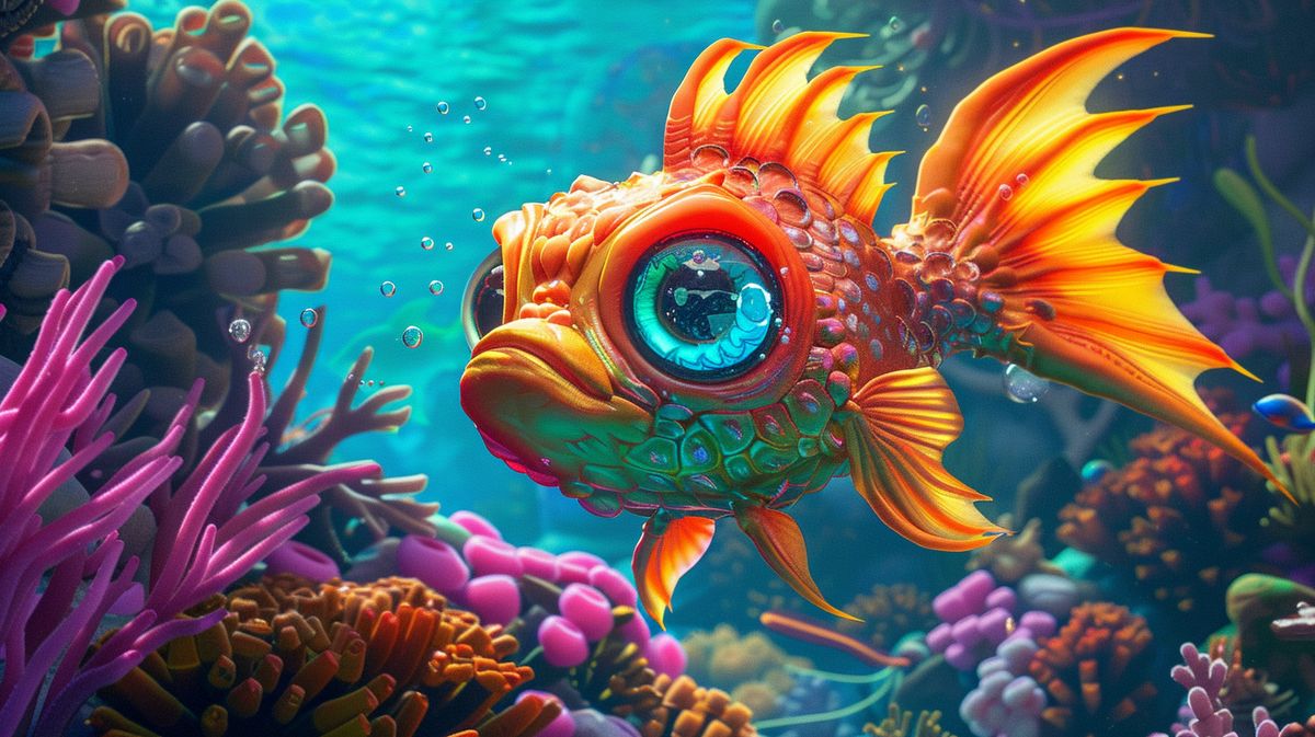 Bloop Fish schwimmt im klaren blauen Wasser mit Korallen im Hintergrund