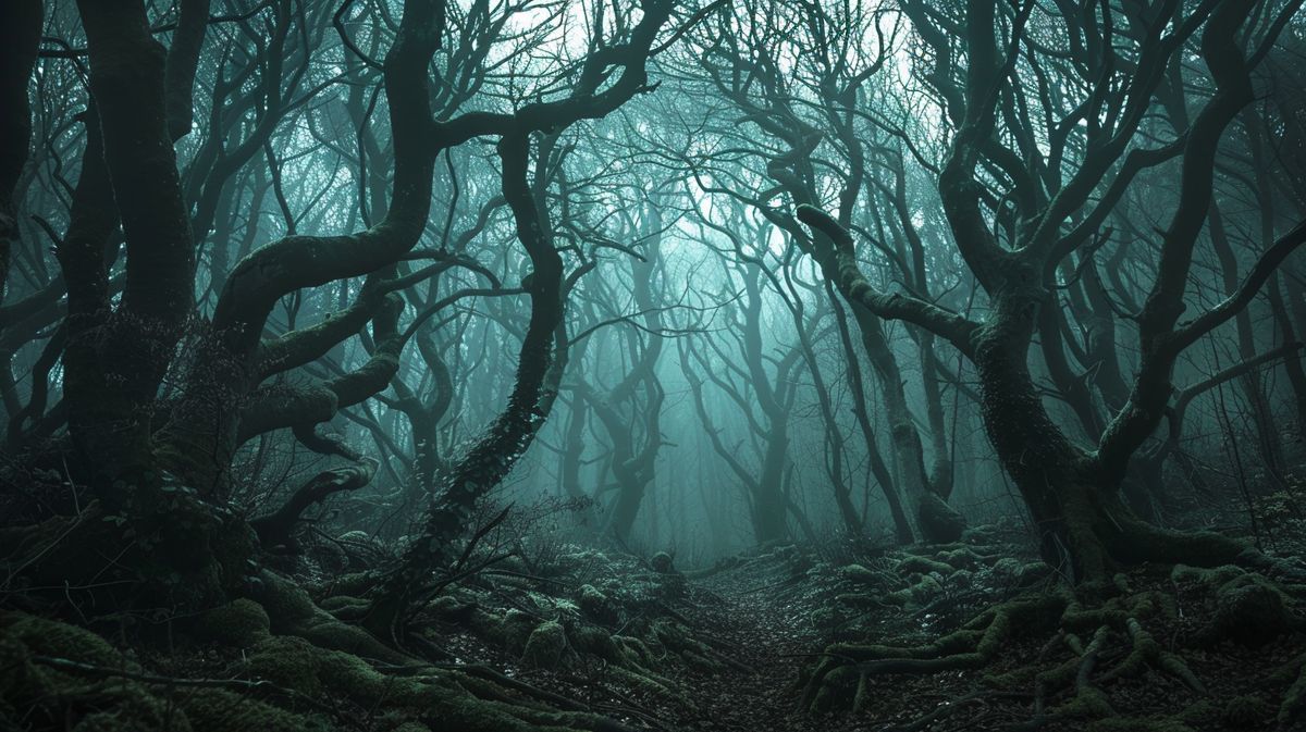 Mystischer Weg durch den Gespensterwald Nienhagen mit knorrigen Baumgestalten und Nebel