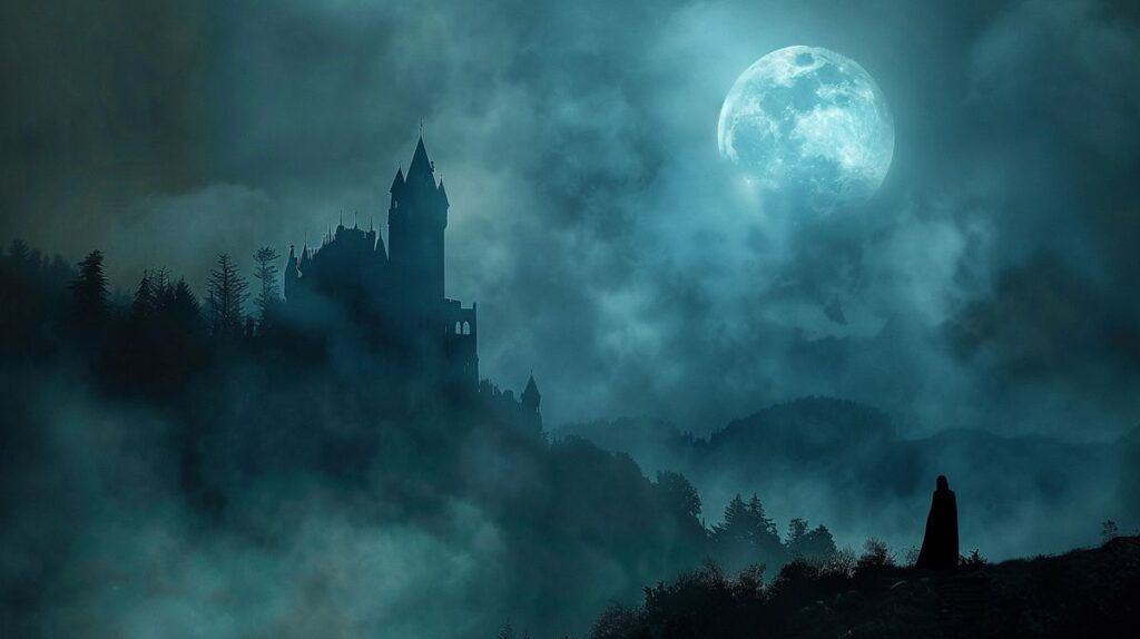 Schloss Bran in Transsilvanien bei Nacht, bekannt als Draculas Burg, unter dramatischem Himmel