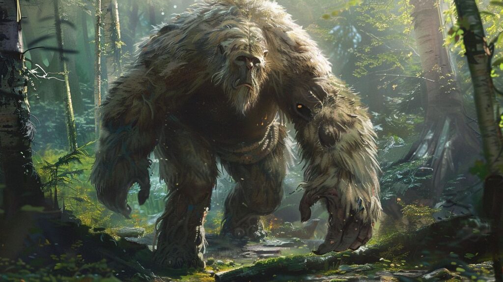 Bigfoot in einer natürlichen Landschaft, versteckt zwischen Bäumen