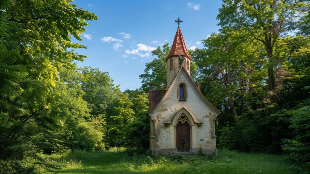 Innenansicht der Pestkapelle Weilheim mit kunstvollen religiösen Fresken und Altar