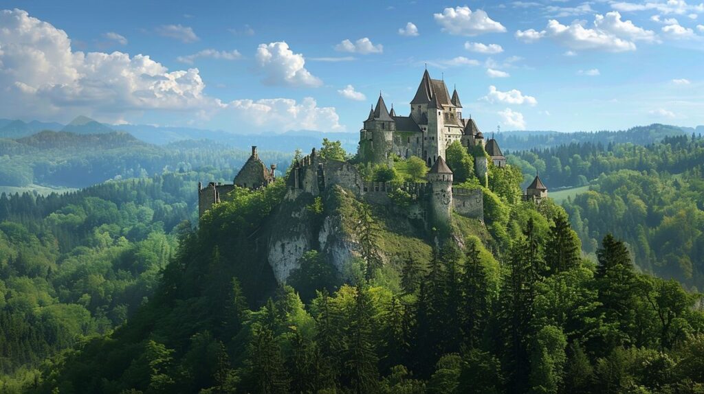 Blick auf die geheimnisvolle Burg Houska in einer malerischen Landschaft, umgeben von dichtem Wald