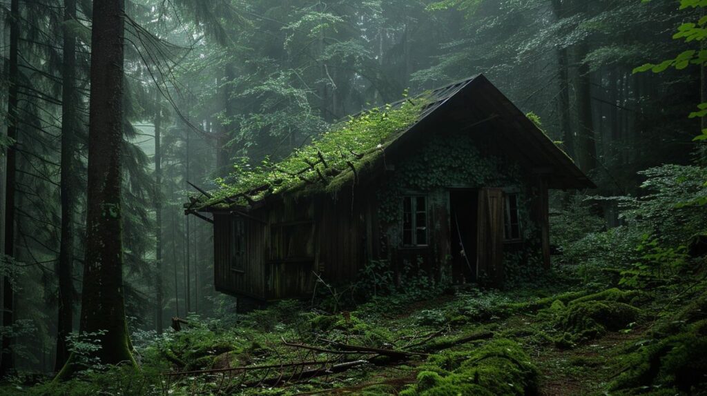 Verlassenes Gebäude im Wald, Lost Places Schwarzwald, mit moosbedeckten Ruinen und geheimnisvoller Atmosphäre