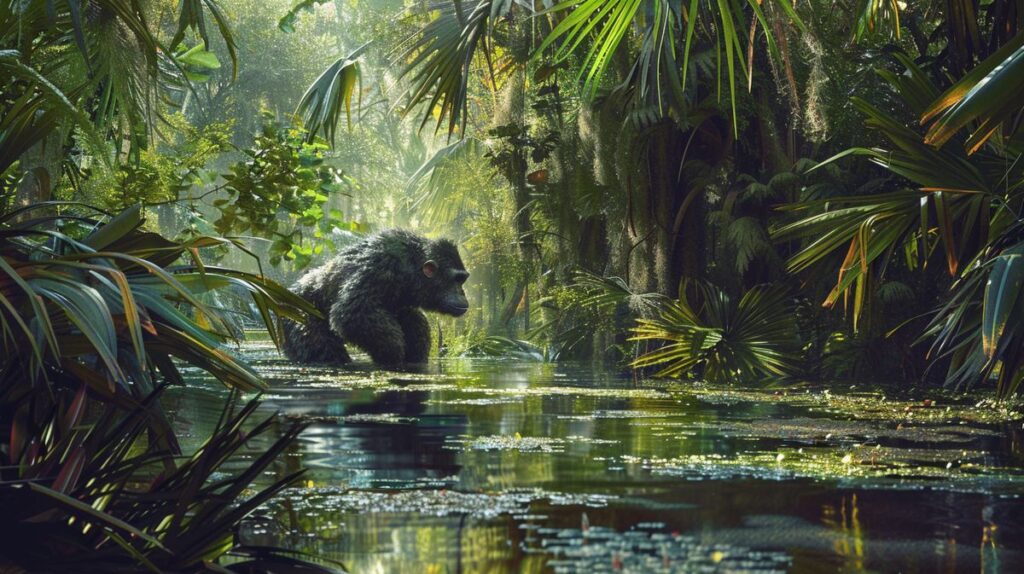 Skunk Ape in natürlichem Lebensraum aufgenommen, geheimnisvolles Wesen im Wald