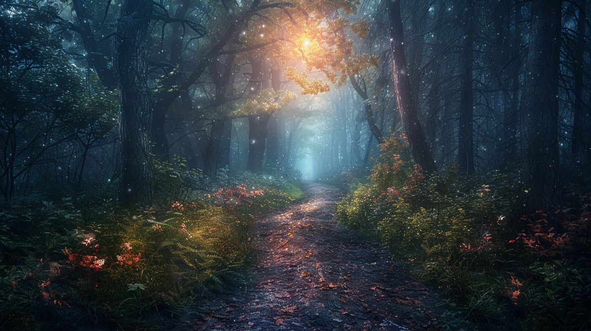 Mysteriöses Brieselanger Licht im dunklen Wald, geheimnisvolle Atmosphäre in der Nacht