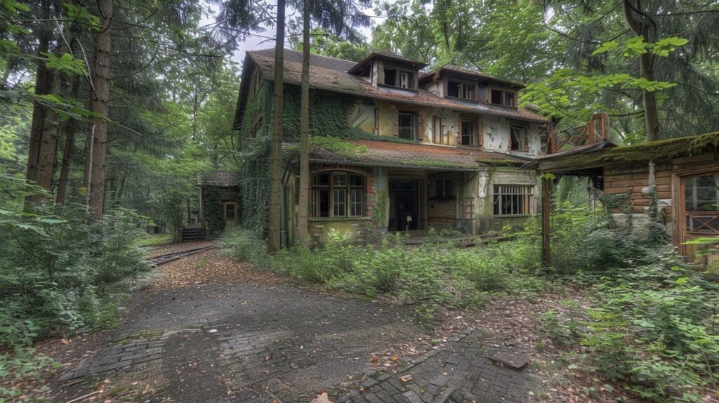 Verlassenes Gebäude in Lost Place Freudenstadt mit zerbrochenen Fenstern und überwucherten Wänden