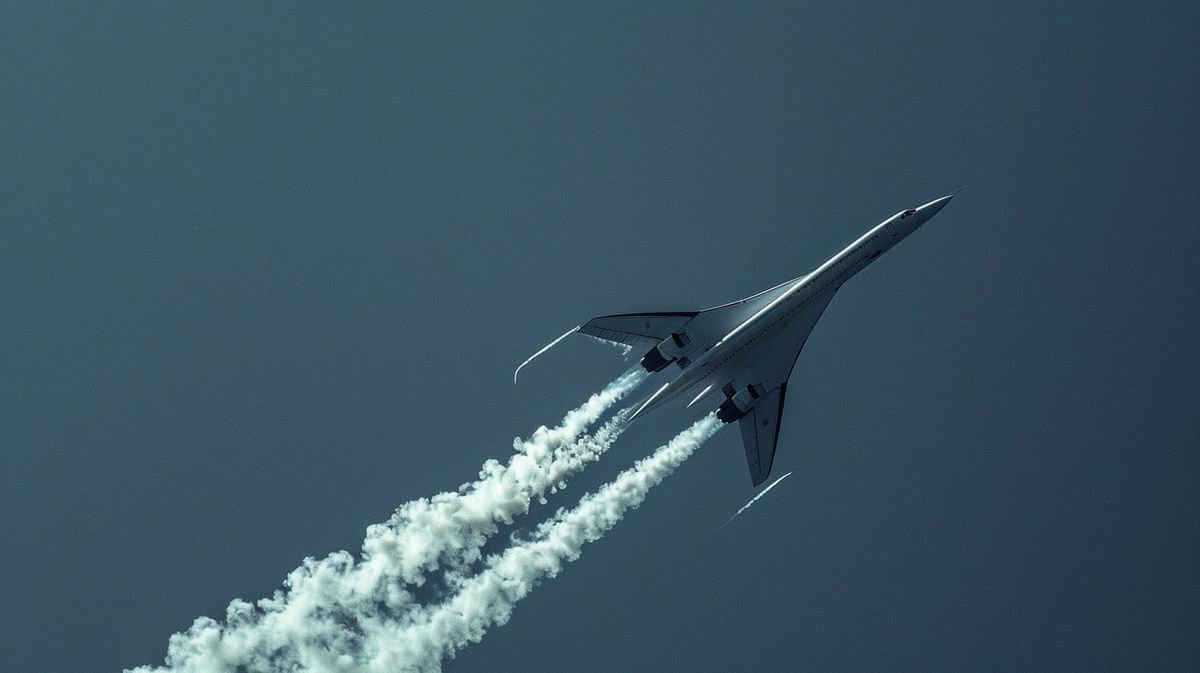 Concorde-Flugzeug während des Absturzes im Jahr 2000, Rauch und Flammen sichtbar, dramatisches Ereignis des Concorde Absturz 2000