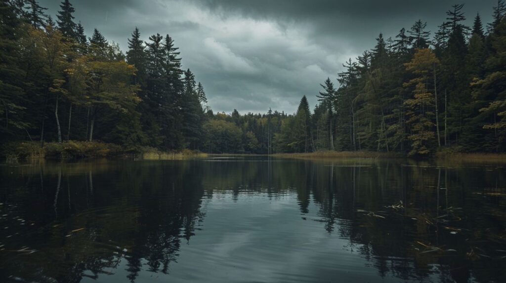 Mysteriöse Szene am Bodom See, Ort der berüchtigten Bodom See Morde, mit dunklen Schatten und nebligem Wasser