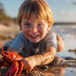 Junge im Lobster Boy Kostüm spielt am Strand