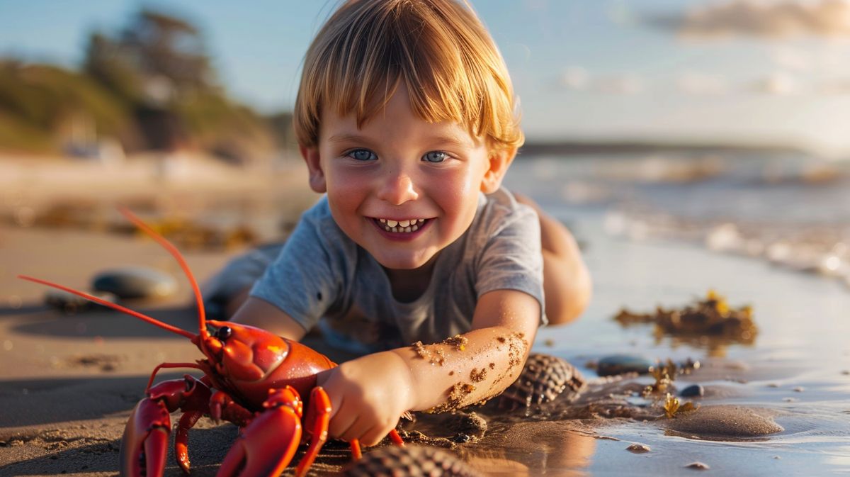 Junge im Lobster Boy Kostüm spielt am Strand