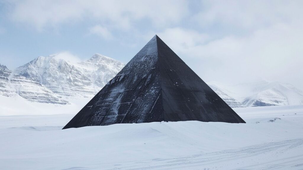 Schwarze Pyramide Alaska in einer mysteriösen Landschaft, umgeben von Schnee und Nebel