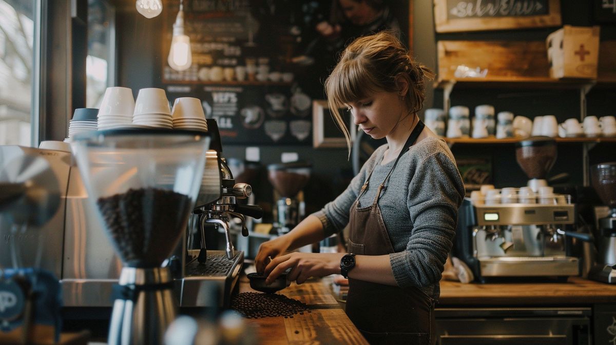 Gayle Grinds beim Kaffeebohnen mahlen in einer modernen Küche