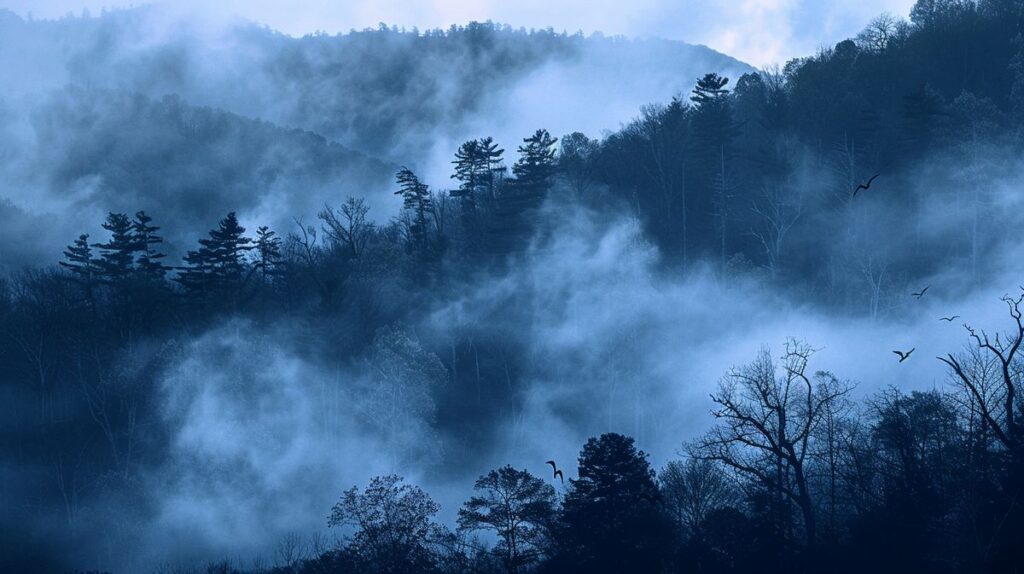 Mystische Landschaft der Appalachen bei Sonnenuntergang, perfekt um die Appalachen Mythen zu erkunden