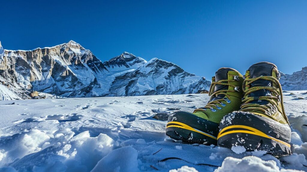 Grüne Stiefel am Mount Everest, ein bekanntes Wahrzeichen für Bergsteiger