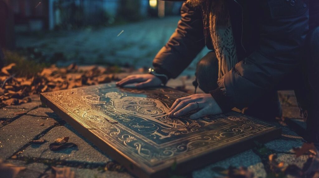 Ouija Board mit mystischen Symbolen und einem Planchette auf dunklem Hintergrund