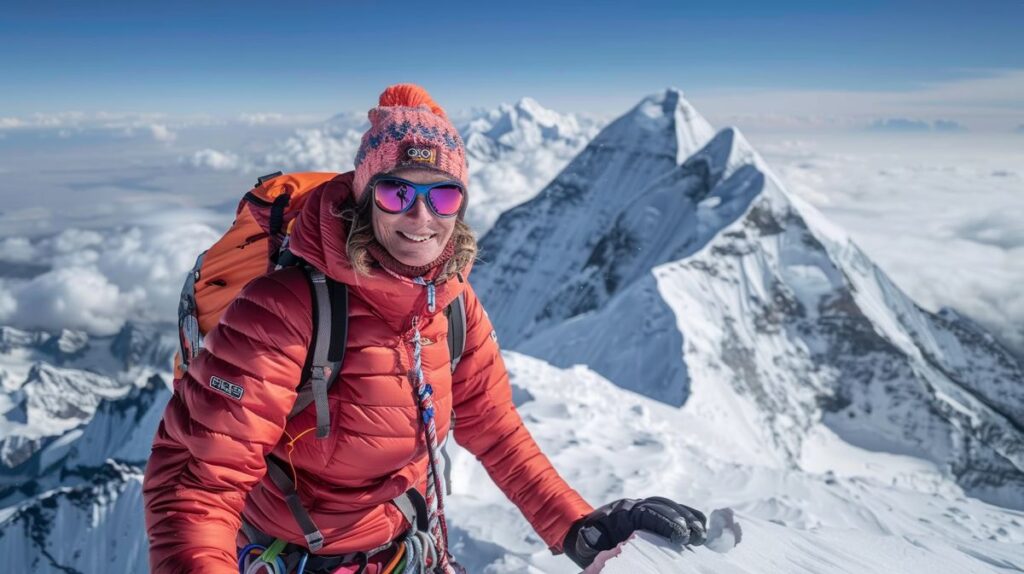 Hannelore Schmatz auf dem Mount Everest mit Blick auf die beeindruckende Berglandschaft