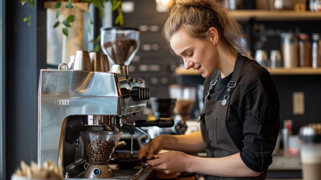 Gayle Grinds beim Kaffeemahlen in einer modernen Küche