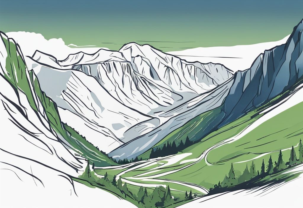 Skizzenillustration der Bucegi Gebirge mit Wanderweg im grünen Tal und klarem blauen Himmel