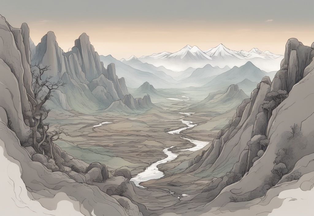 Skizzenillustration der Baigong-Rohre in China vor einer Kulisse abgelegener Berge, graues Farbschema