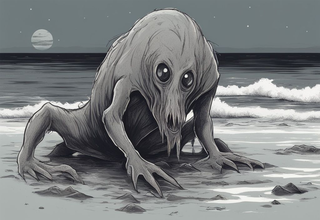 Skizzenillustration des Canvey Island Monsters bei Mondschein, seltsame Merkmale deutlich sichtbar, grau dominiert