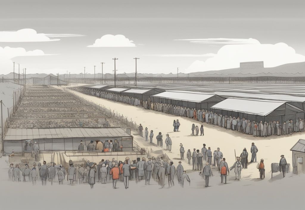 Skizzenillustration eines gut organisierten FEMA Camps mit grauem Farbschema, temporären Unterkünften, Menschen, die Hilfe erhalten, und Mitarbeitern, die Hilfsmaßnahmen koordinieren.