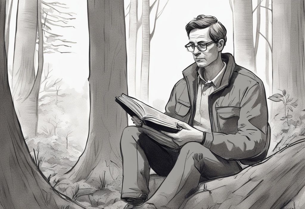 David Paulides im Wald, hält sein Buch und schaut nachdenklich in die Ferne