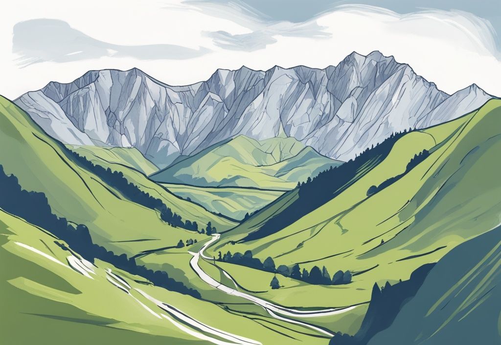 Skizzenillustration der Bucegi Gebirge unter blauem Himmel mit Wanderweg durch grünes Tal