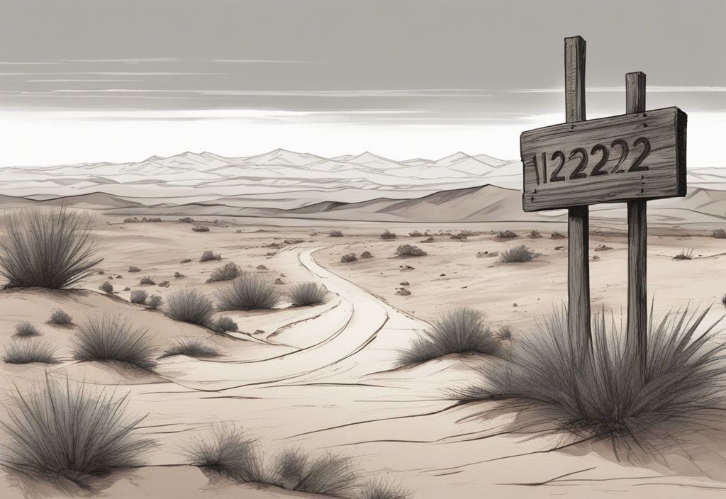 Skizzenillustration einer weiten, mysteriösen und isolierten Wüstenlandschaft mit einem verwitterten Schild mit der Aufschrift "Area 122".